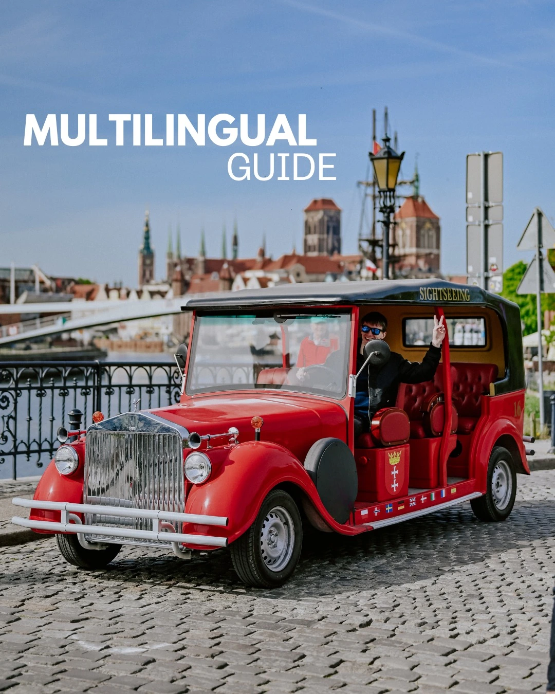 retro car with subtitle multilingual guide